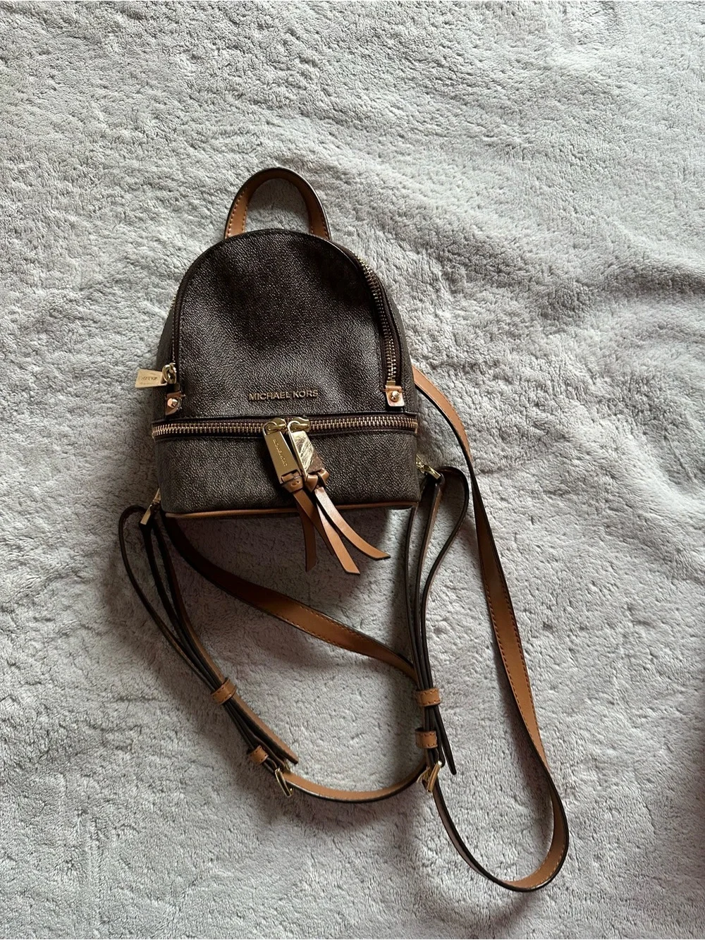 MICHAEL KORS Brown Logo-Print Mini Backpack with Gold Hardware